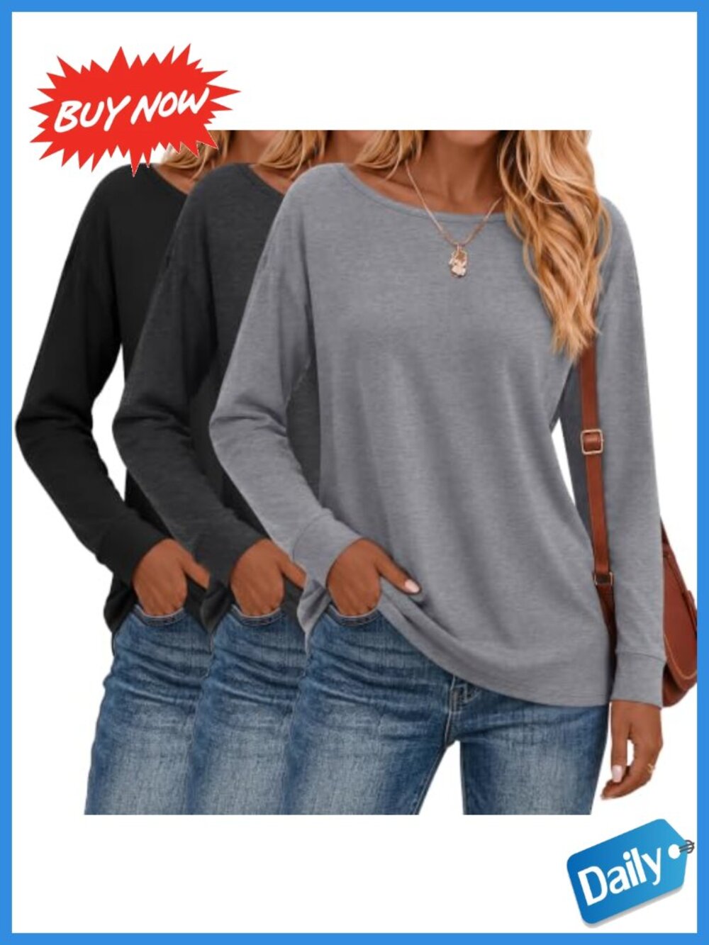 Women's Long Sleeve Boat Neck Shirts 3 Pack Cotton Spandex Loose Fit Tops